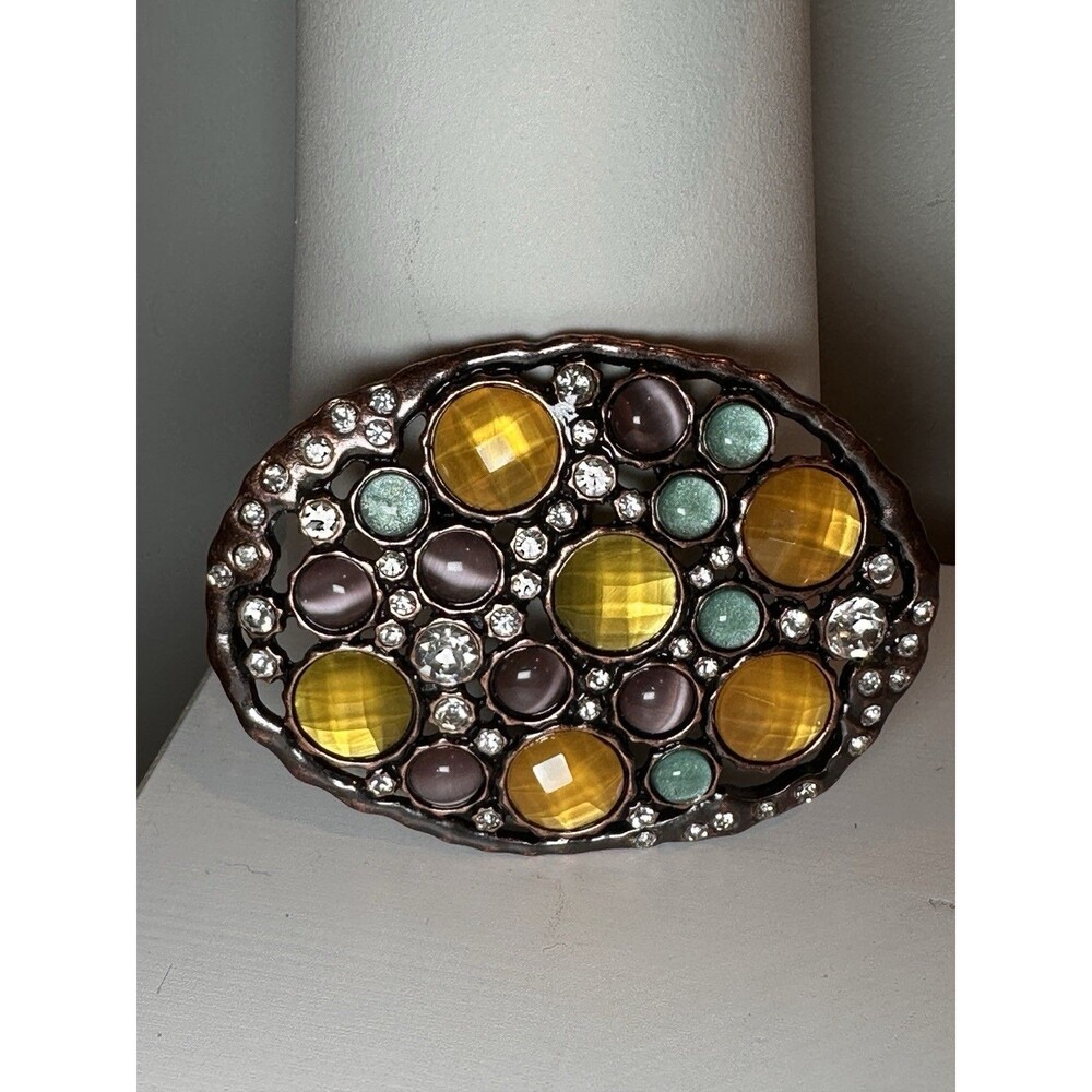 Ornate Copper Tone Oval Belt Buckle Multi Color Rhinestone Cabochon Gemstone